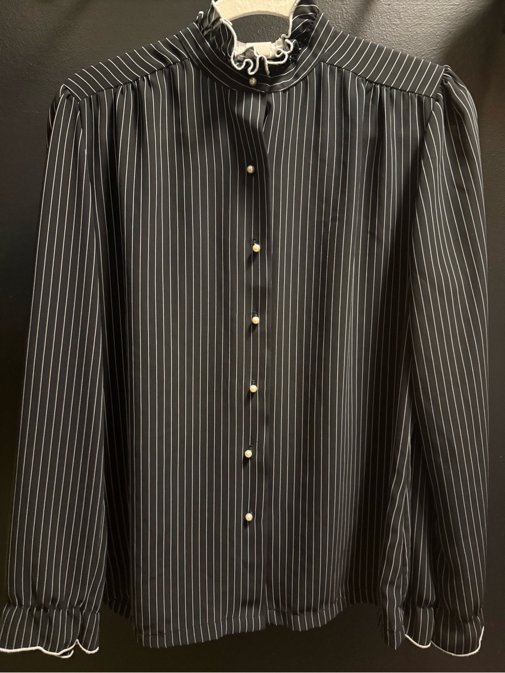VTG Striped Sheer Victorian Frill Collar and Cuffs Blouse Black Romantic Layer